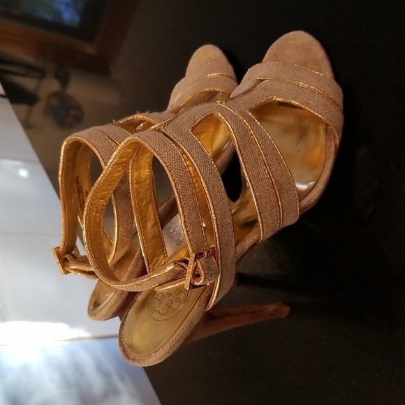 💕TORY BURCH💕 Leather Cage Sandal Heels ~ Open Toe Canvas & Gold 7.5 - Picture 8 of 14